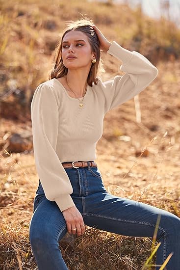 MASCOMODA Long Puff Sleeve Sweaters for Women 2025 Fall Winter Crewneck Knit Ribbed Bodysuit Pullover Tops