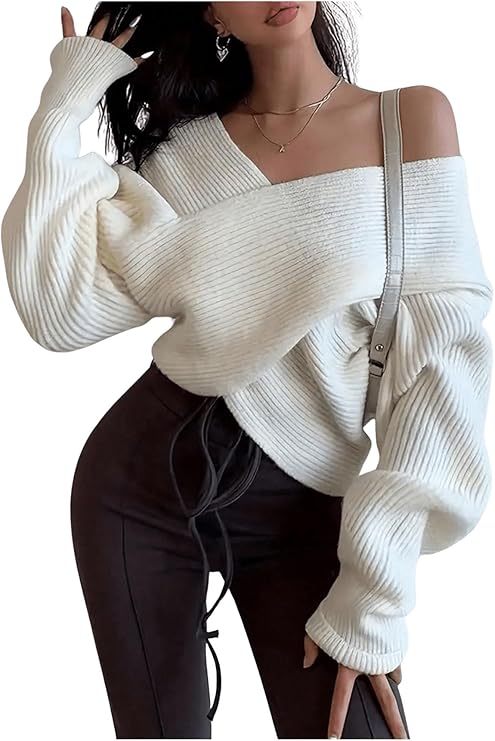 Verdusa Women's Criss Cross Wrap Sweater V Neck Long Sleeve Drop Shoulder Fall Knit Tops