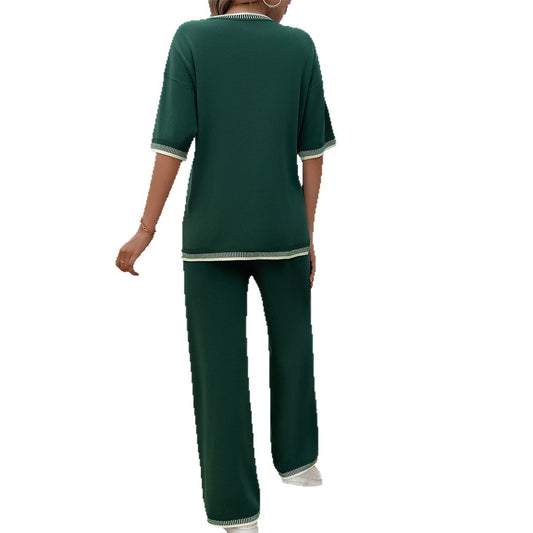 Leisure vacation style simple short sleeved women's straight pants set